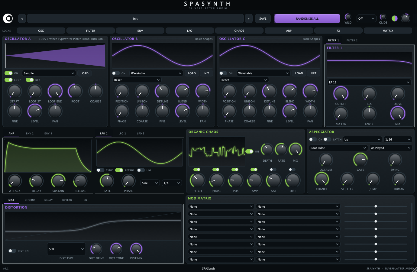 The same SPASynth interface re-tinted violet and lime using the built-in accent color picker