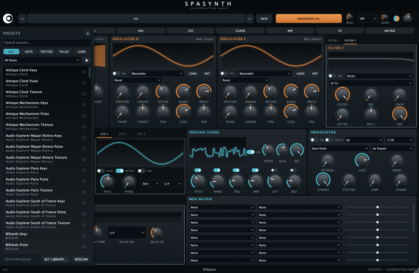 SPASynth plugin interface showing oscillators, filters, organic chaos engine, arpeggiator, and mod matrix in its default dark blue-teal theme with orange and cyan accents